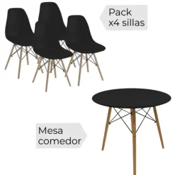 Conjunto mesa redonda y 4 sillas Dinamarca negro