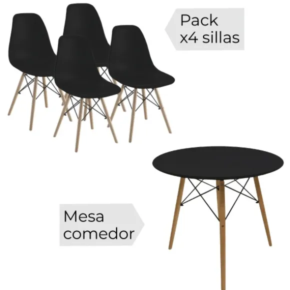 Conjunto mesa redonda y 4 sillas Dinamarca negro